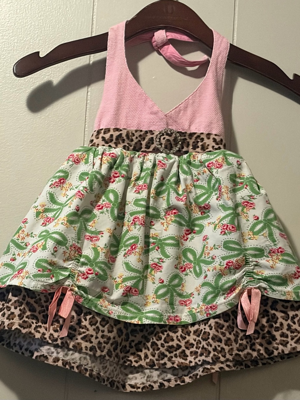 Girls Pink Green, Brown Halter Floral Bow Print Casual Dress
